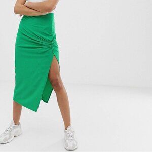 ASOS Design Knot Front Ribbed Kelly Green Midi Skirt Size 4